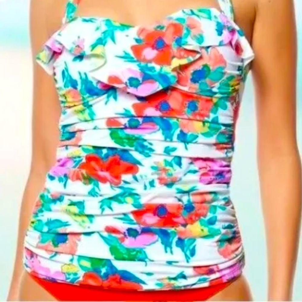 EUC Bleu Rod Beattie Ruffle Bandeau Ruffle Halter Tankini Floral size 10